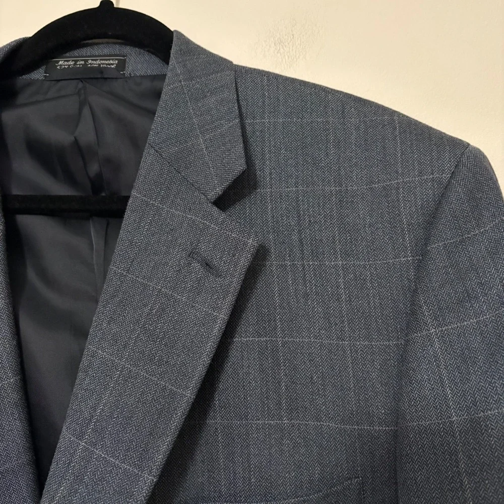 Meeting Street‎ Mens 46R Blazer Silk Wool Blue Herringbone Windowpane Sport Coat